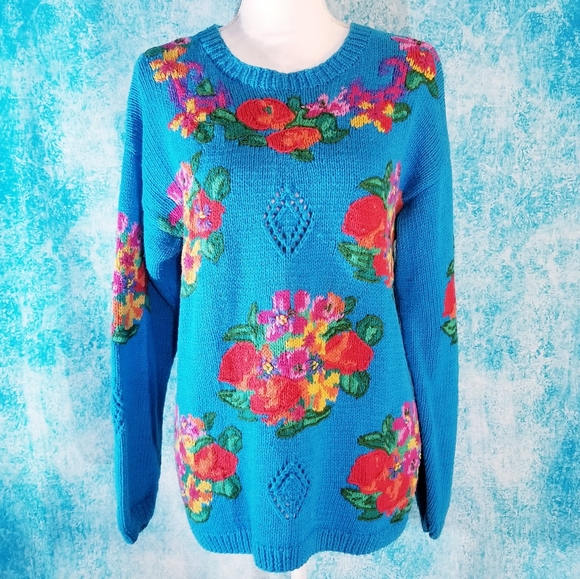 Vintage Sweaters - VTG 90s Vibrant Colorful Blue Floral Knit Sweater